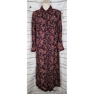 Vintage Eddie Bauer Burgundy Floral Shirt Dress S Womens Y2K Midi Cottagecore